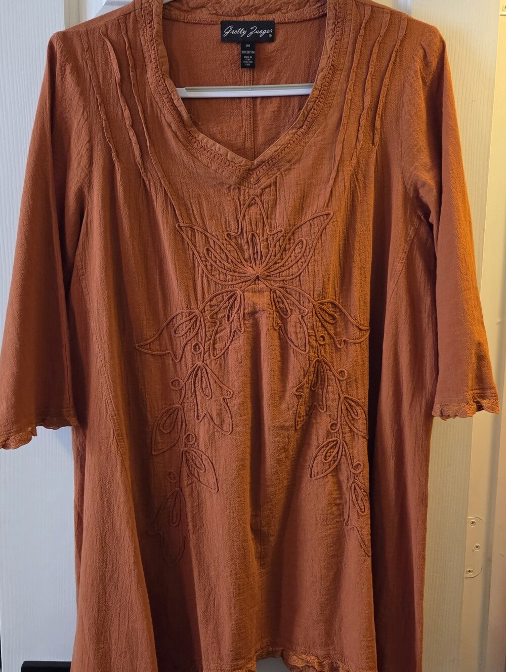 Gretty Zueger Rust-Orange Embroidered V-Neck Tunic